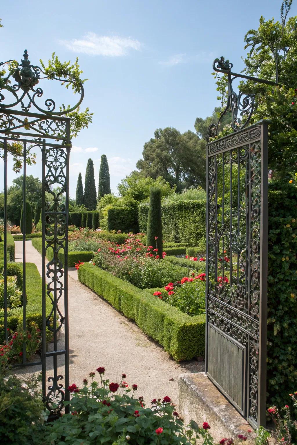 Stylish privacy with wrought iron panels and greenery.