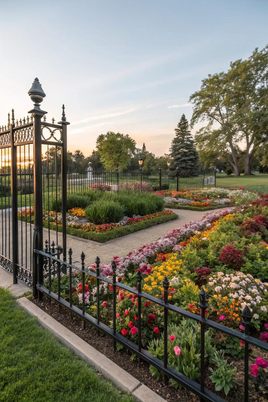 Accent fencing highlights a colorful flower bed.