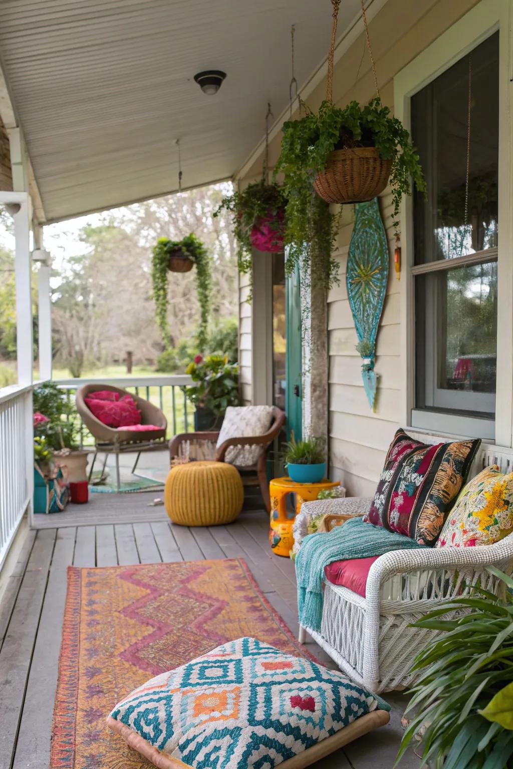 Porch with a mix of eclectic decor styles and elements.