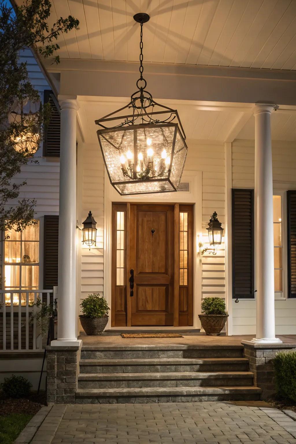 Front porch with a large, statement lighting fixture.
