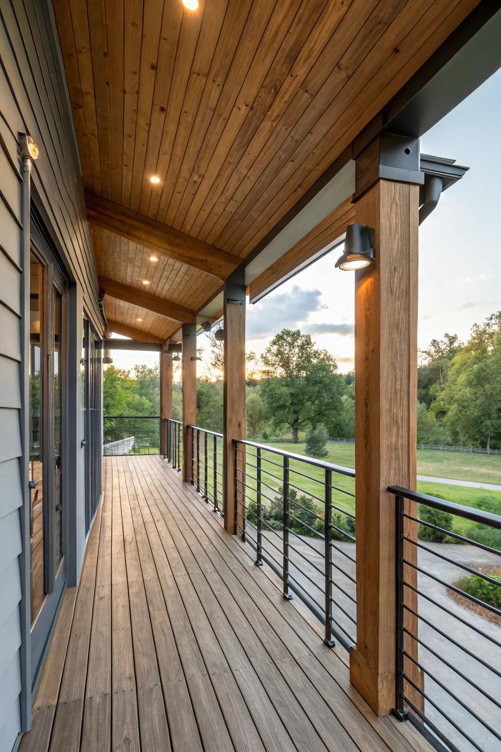 Porch with a mix of wood and metal elements in the decor.