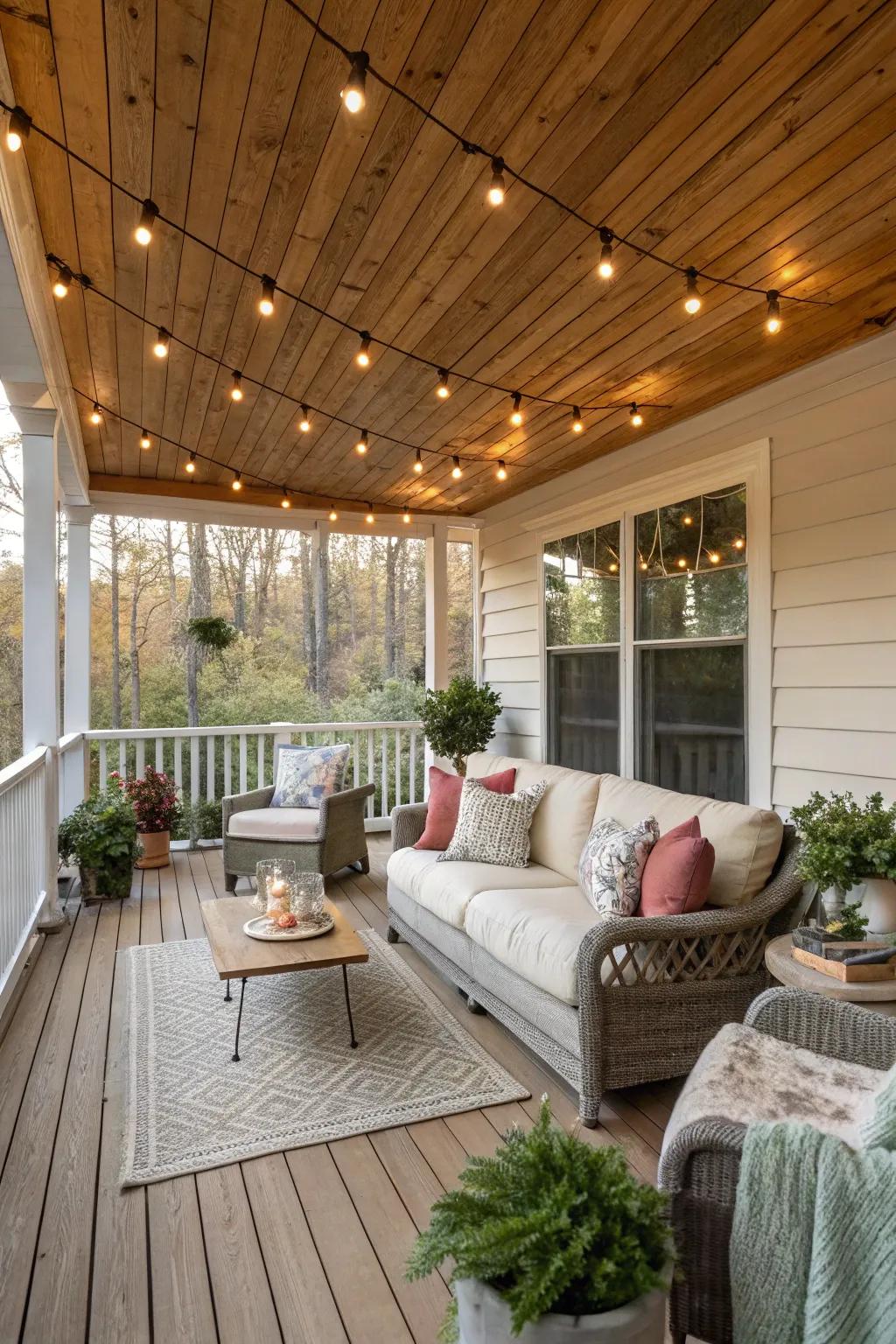Porch with a wooden plank ceiling and cozy decor.