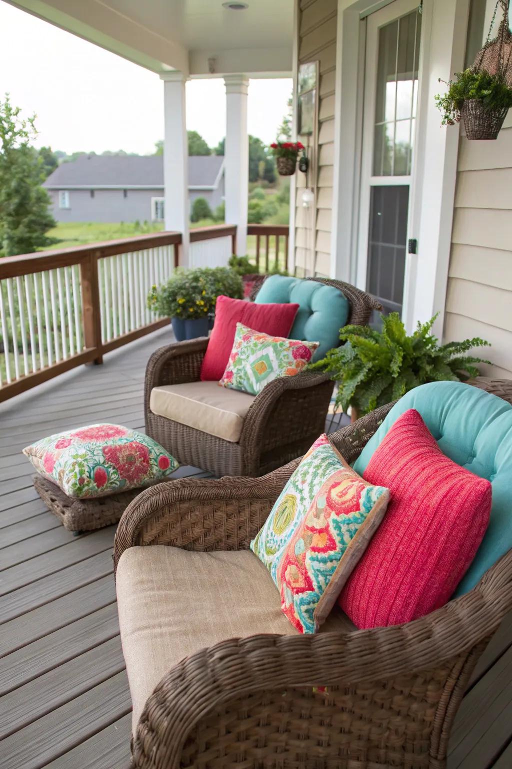 A cozy porch seating area with plush chairs and colorful throw pillows.