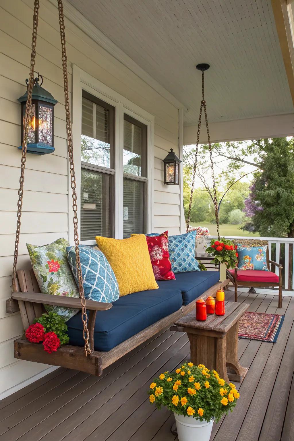 Porch with colorful cushions and decorative accents.