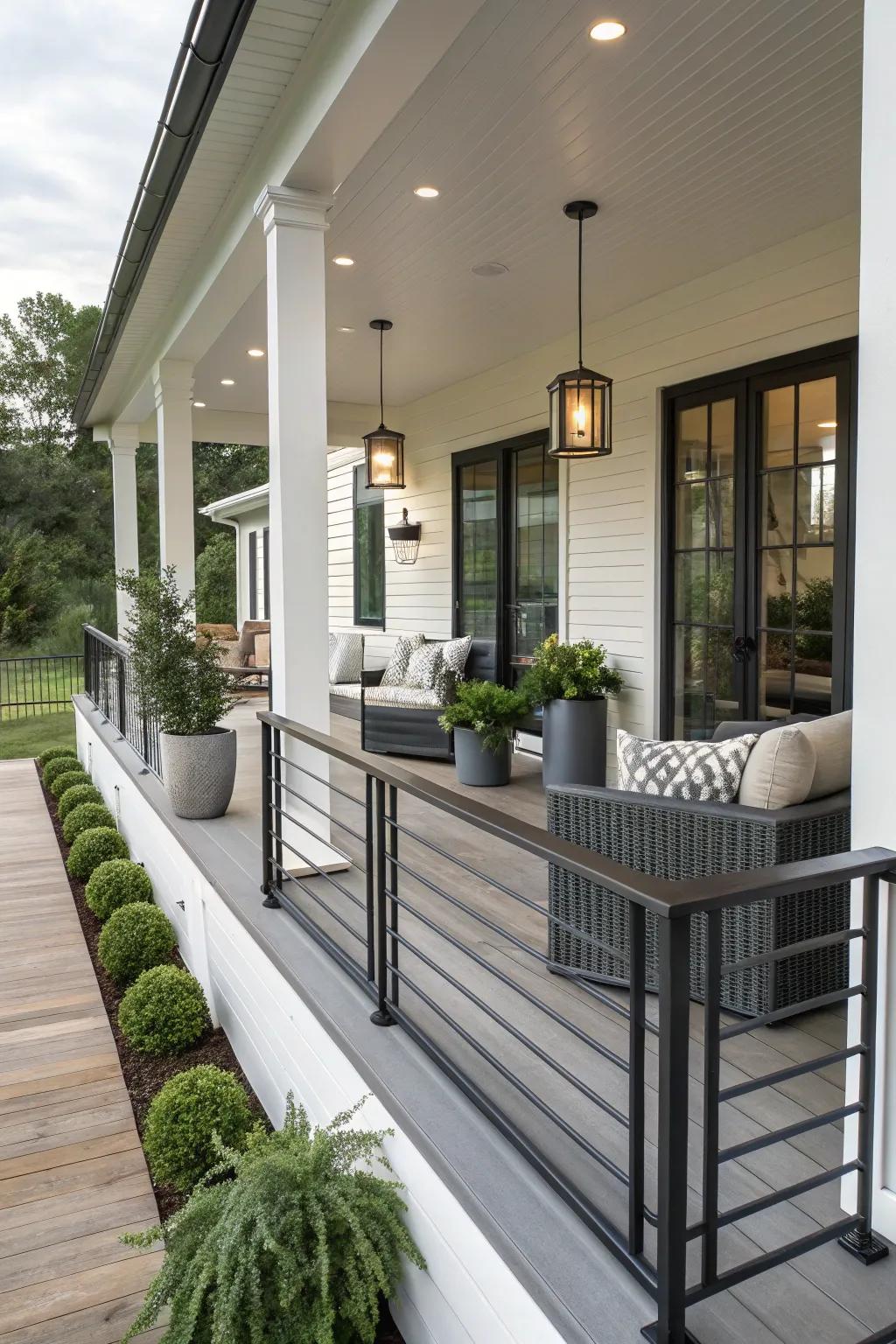 Porch with sleek modern railings and contemporary decor.