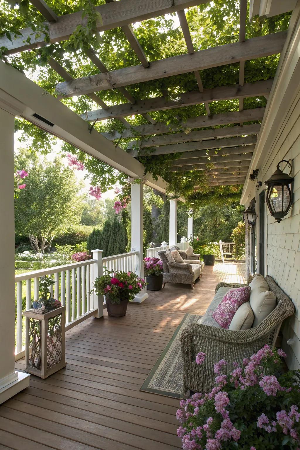 Porch with a pergola providing shade and style.