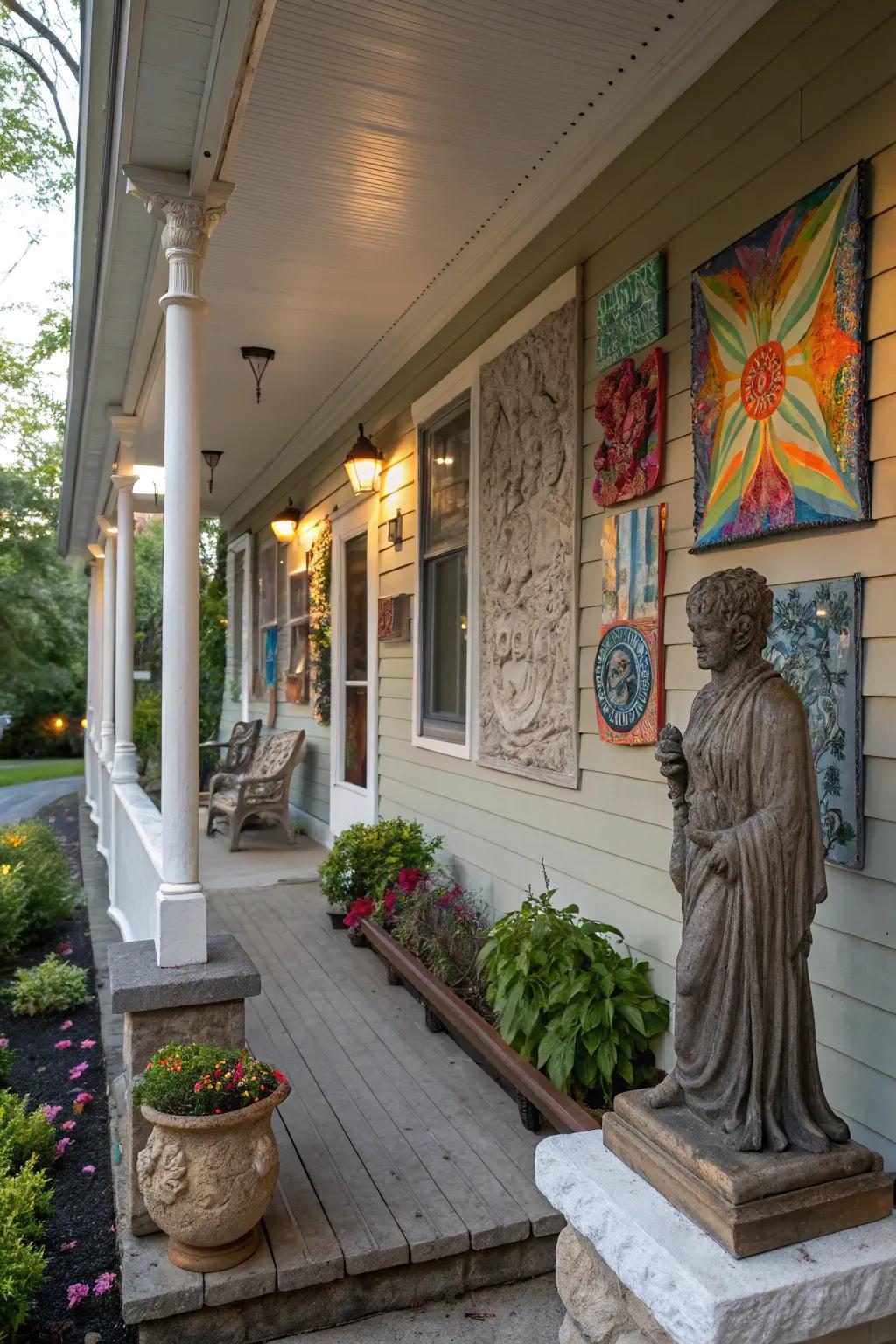 Porch with artistic sculptures and wall art.