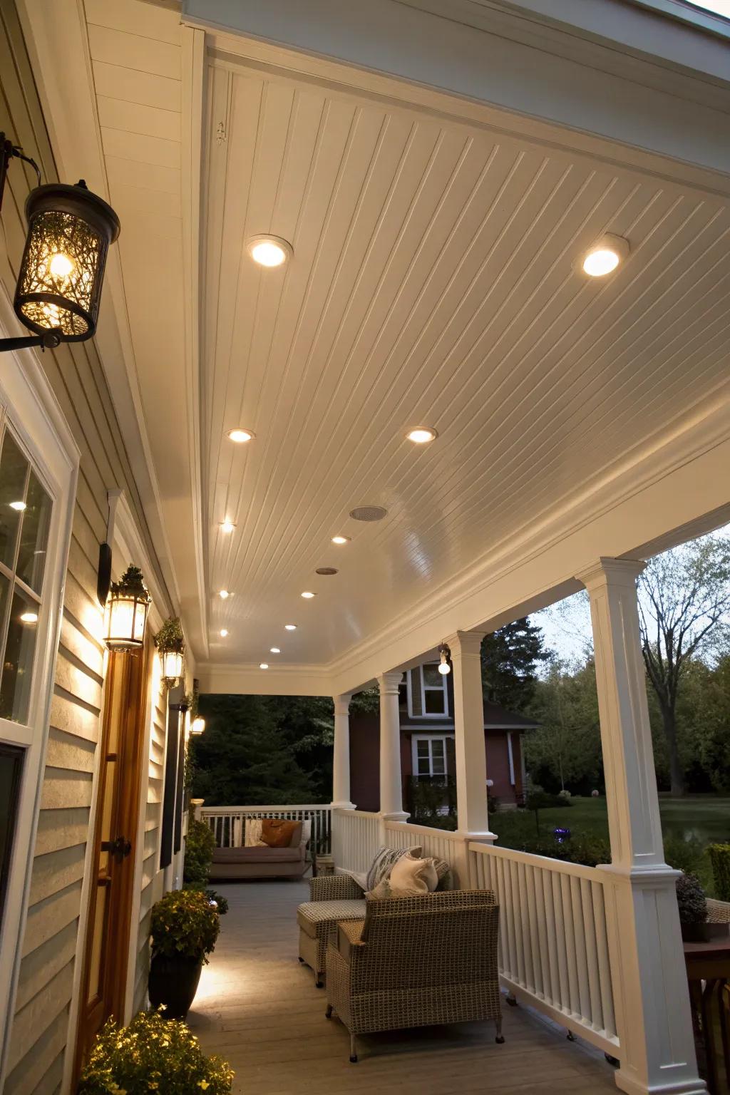 Porch ceiling with recessed lighting creating a warm ambiance.