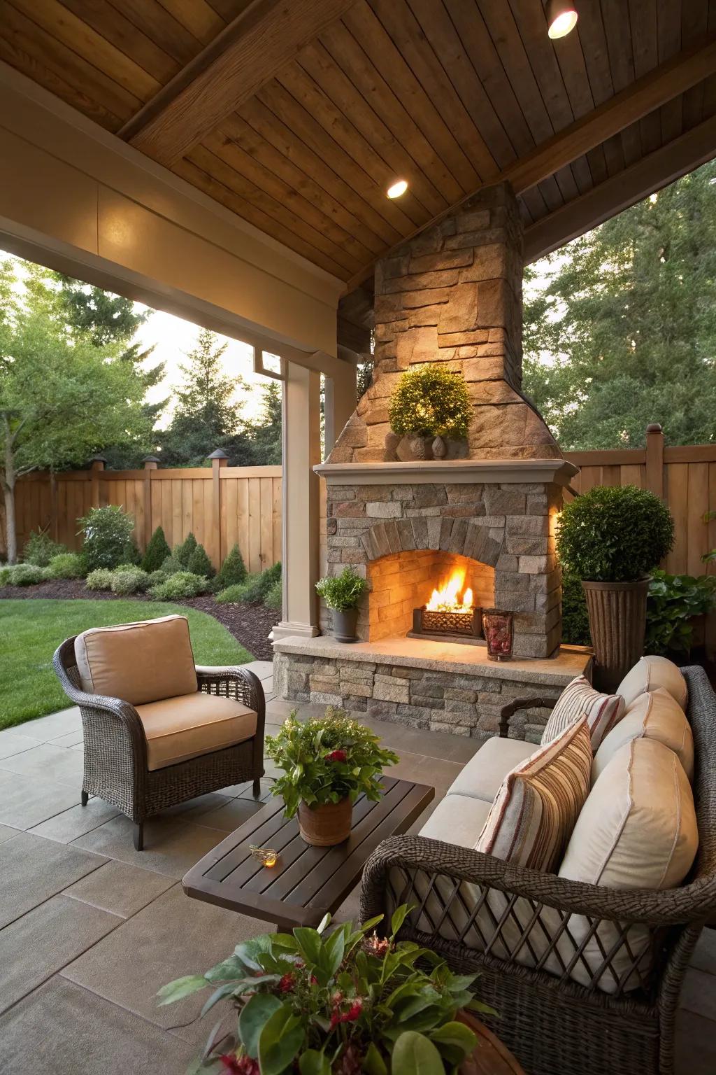 Porch with an outdoor fireplace as a centerpiece.