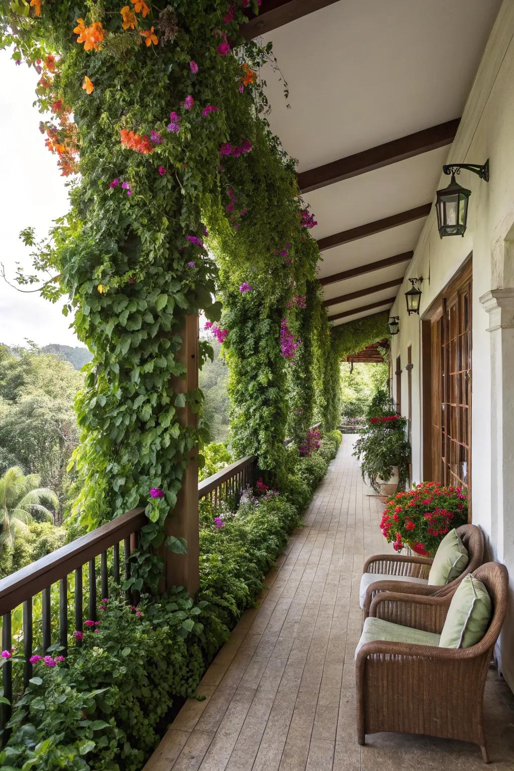 Vertical gardens creating a lush wall of greenery.