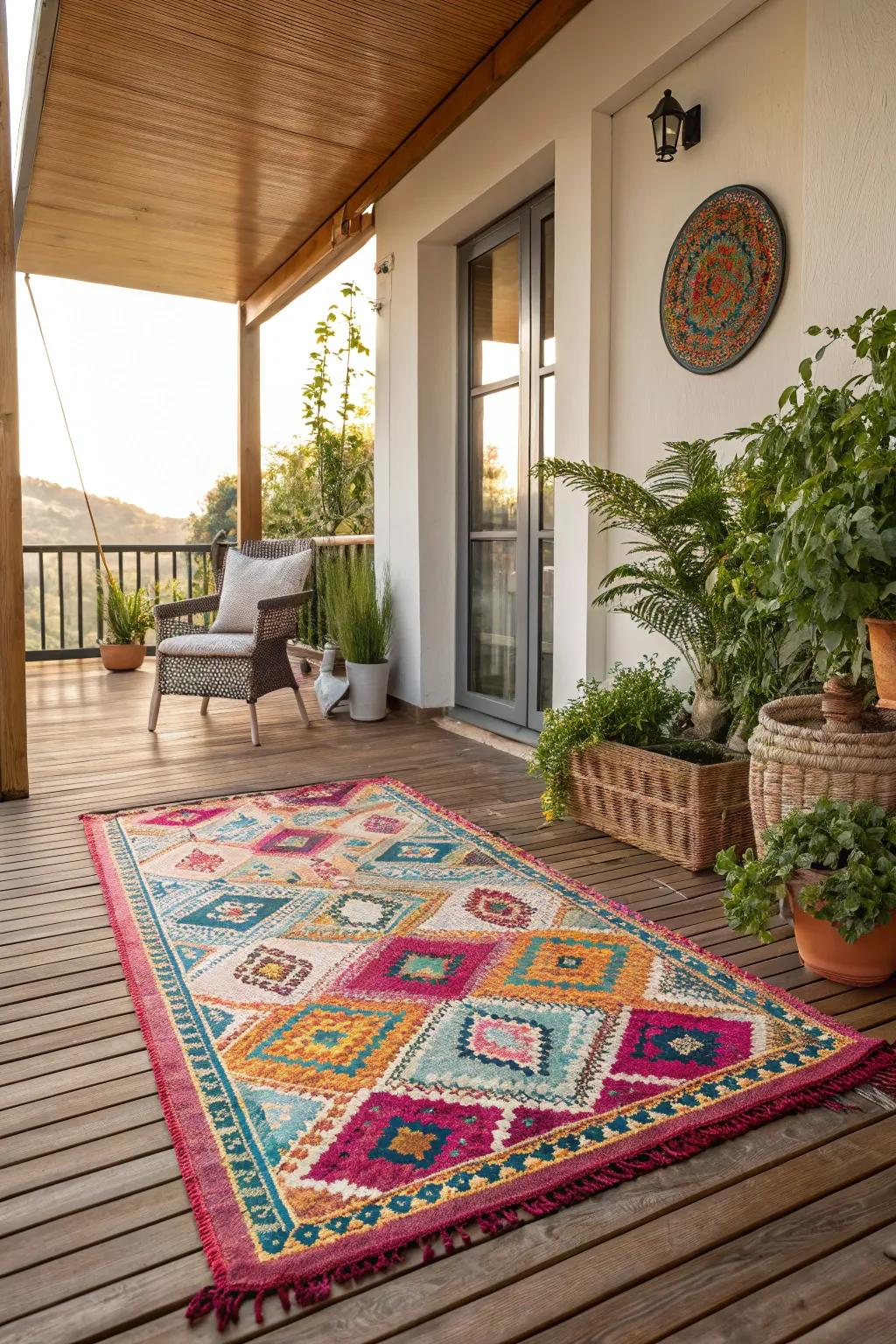 Vibrant outdoor rug adding color and style to the veranda.