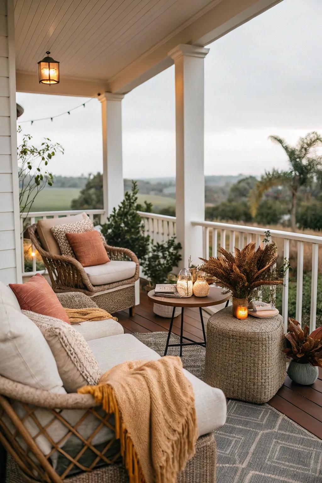 Cushions and throws bringing comfort to the veranda.