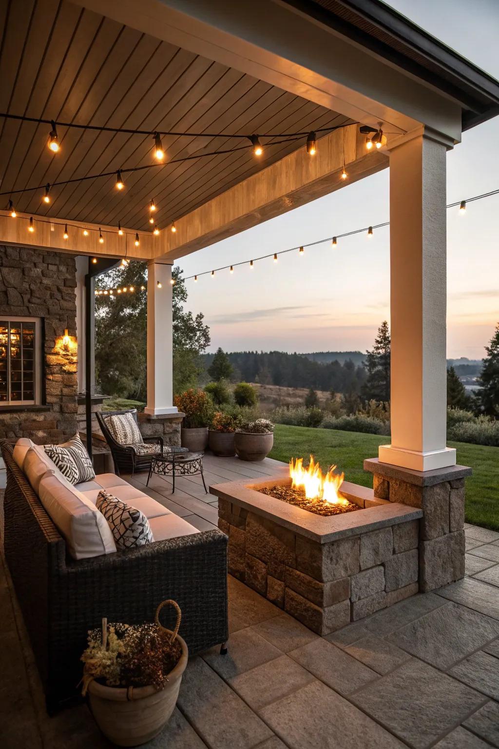 Fire pit adding warmth and ambiance to the veranda.
