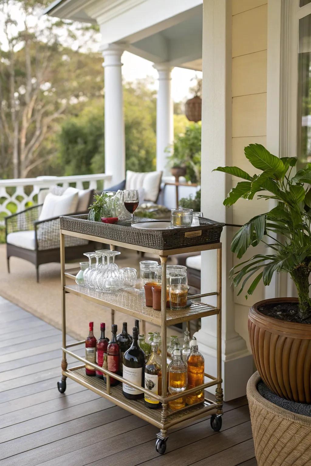 Bar cart keeping refreshments within easy reach on the veranda.