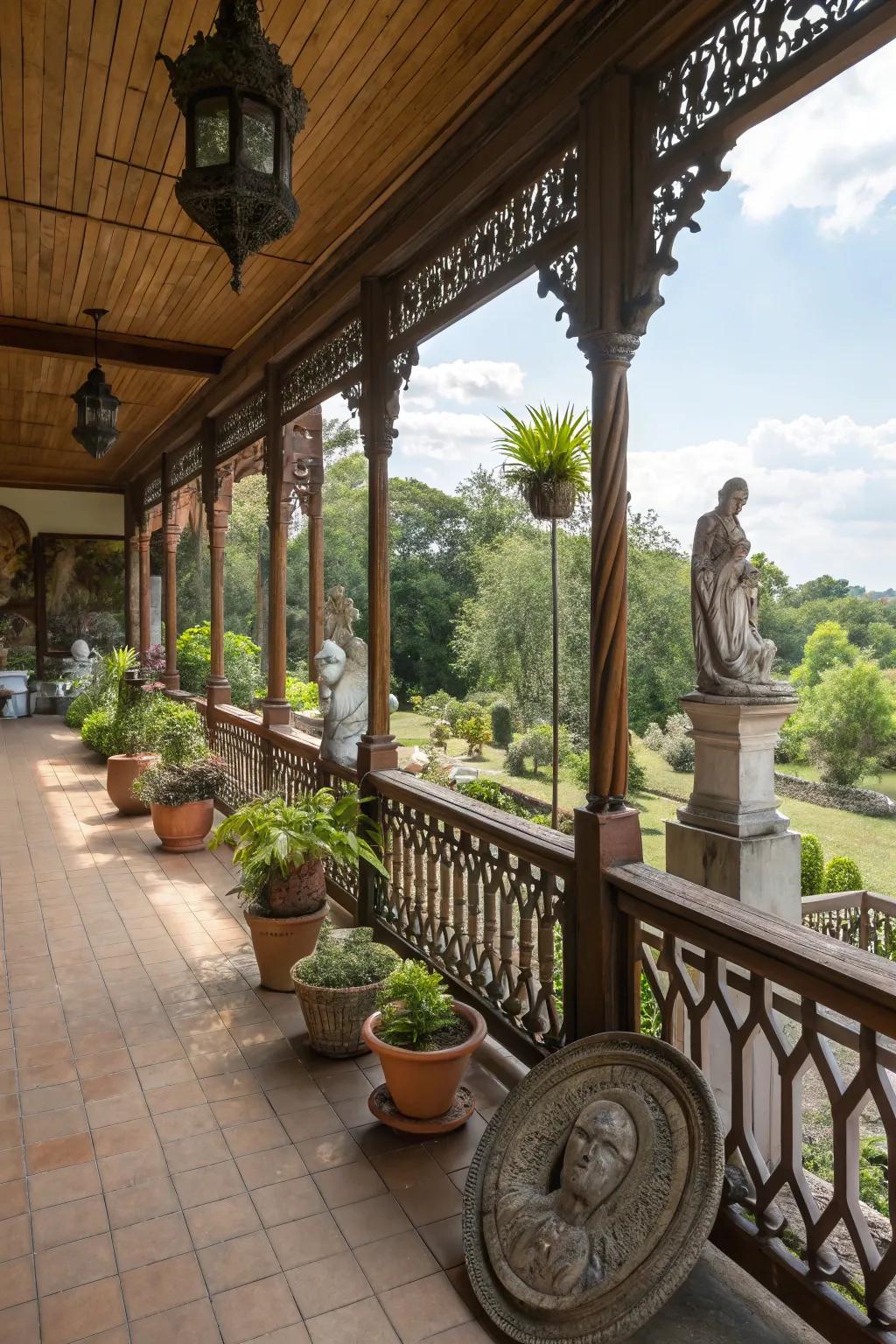 Artistic accents turning the veranda into an outdoor gallery.