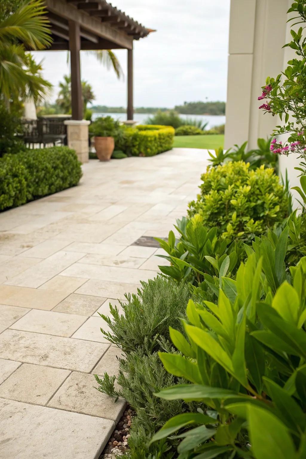 Enhance natural beauty with travertine and greenery.