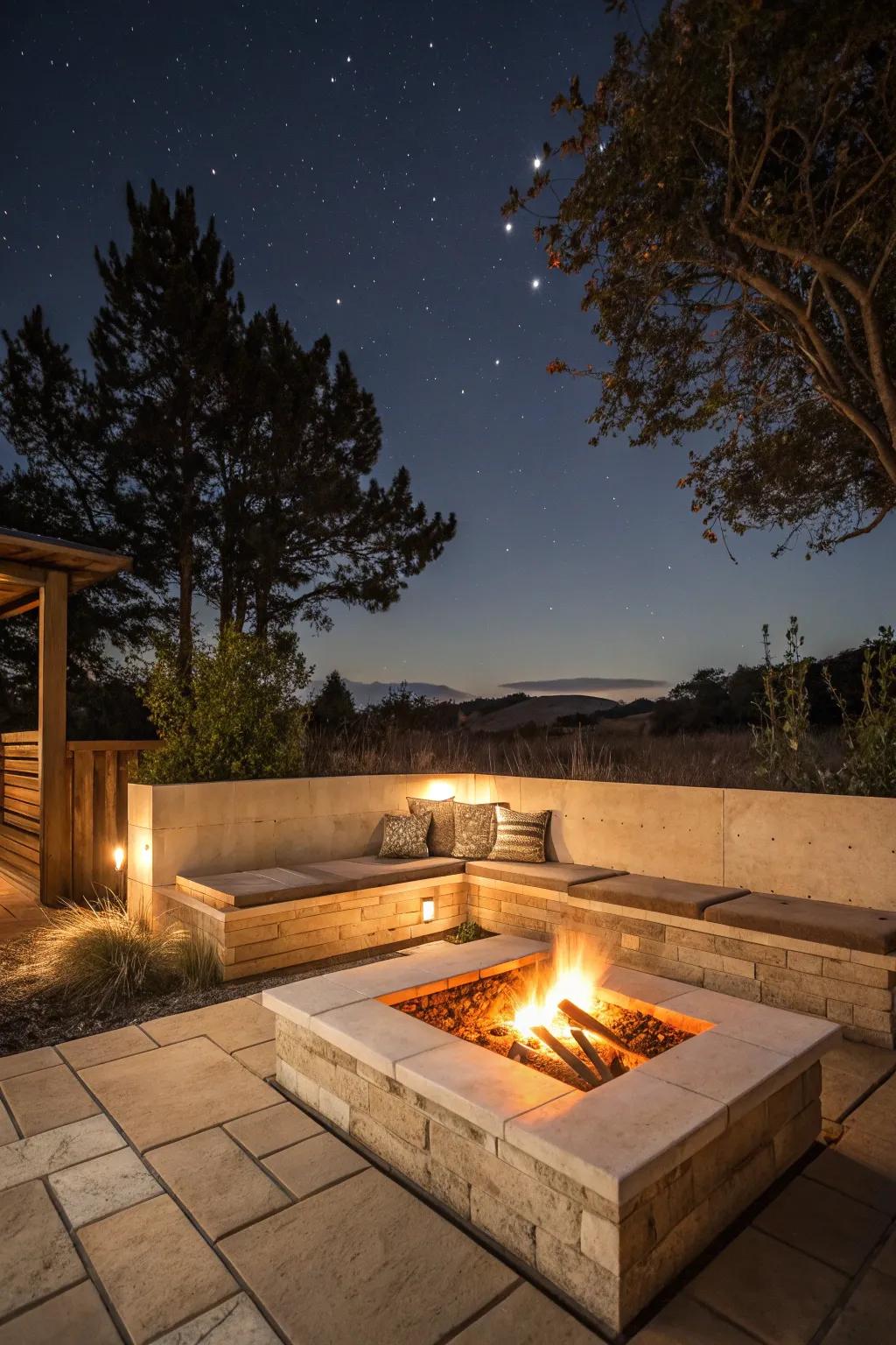 Warm up your nights with a travertine fire pit setup.