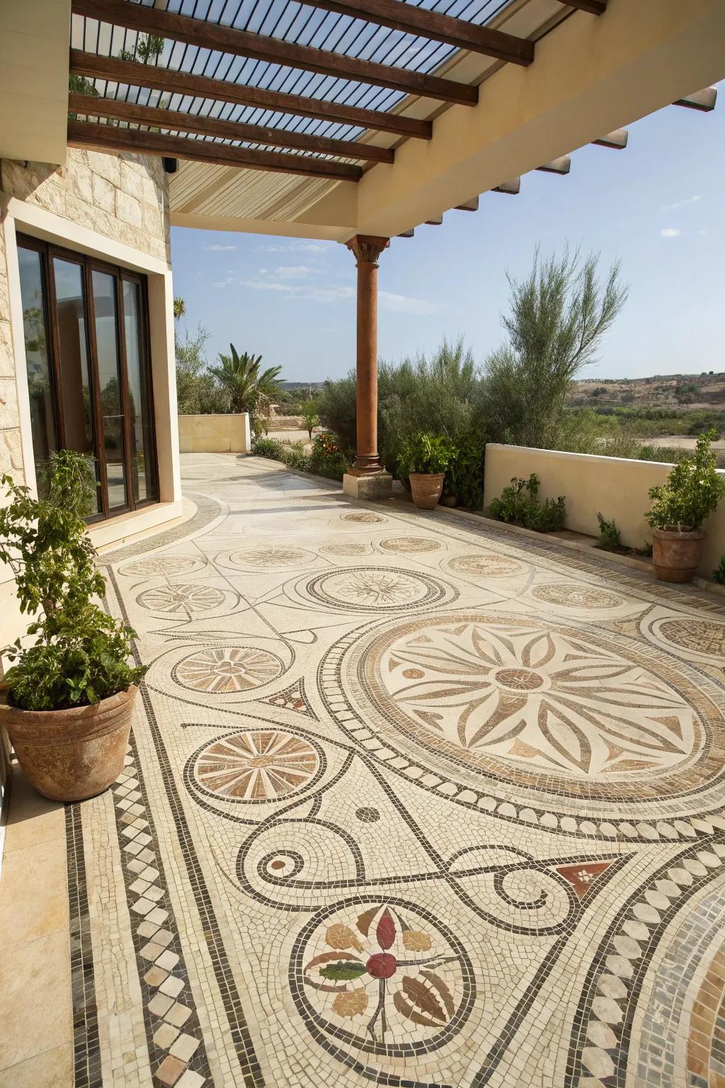 Add artistry with travertine mosaic patterns.