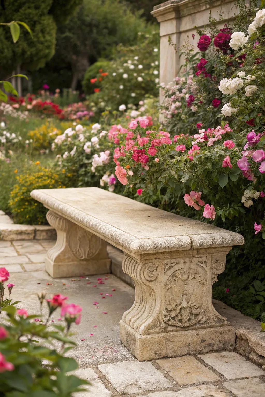 Enjoy tranquility with a travertine garden bench.