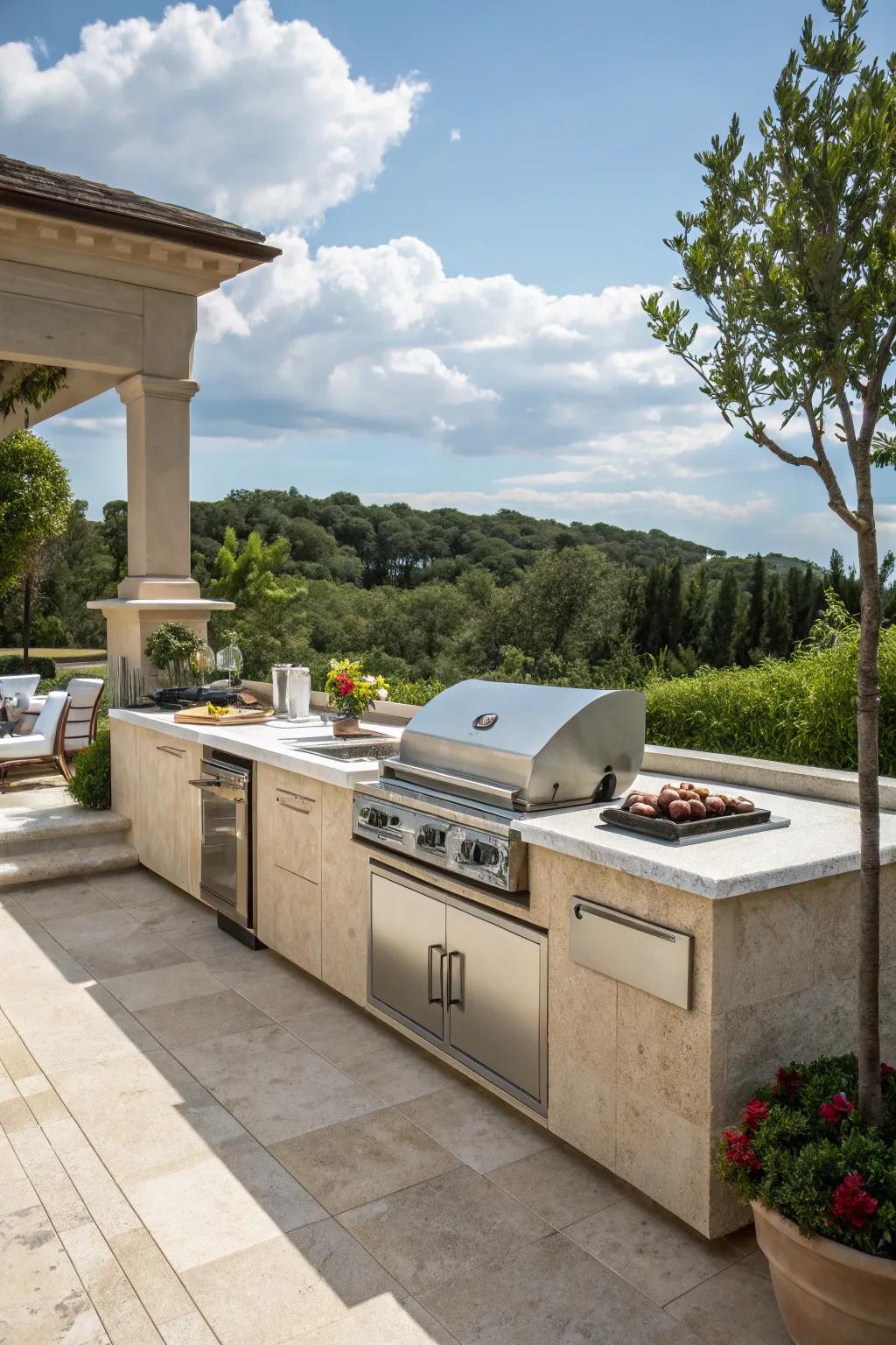 Cook in style with a travertine outdoor kitchen.