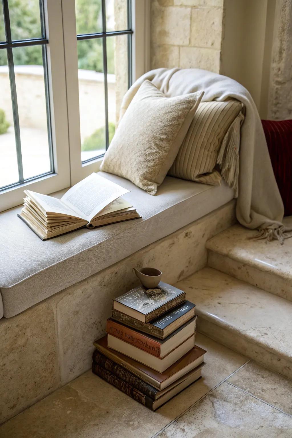 Escape with a travertine reading nook.