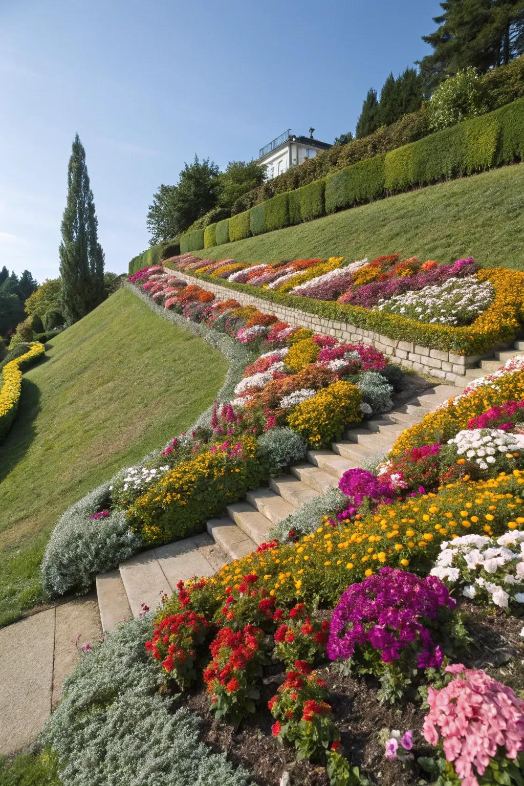 Brighten your slope with colorful, eye-catching flower beds.