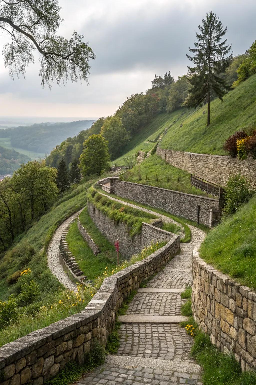 Rocks provide stability and aesthetic appeal to sloped landscapes.