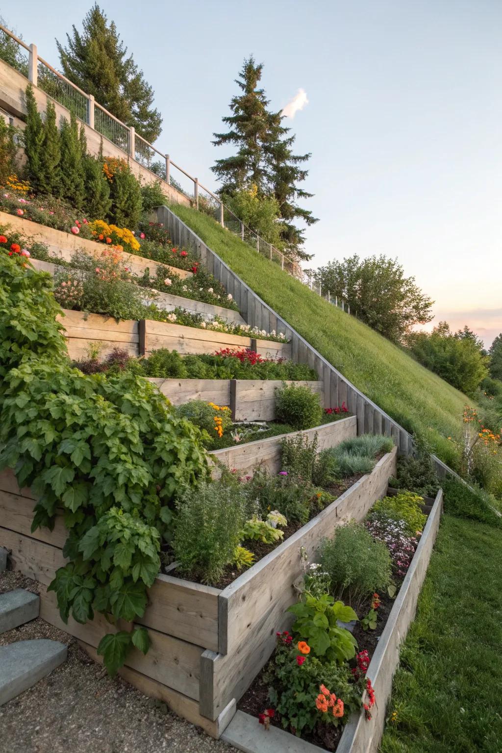Vertical gardening enhances slopes with additional greenery.