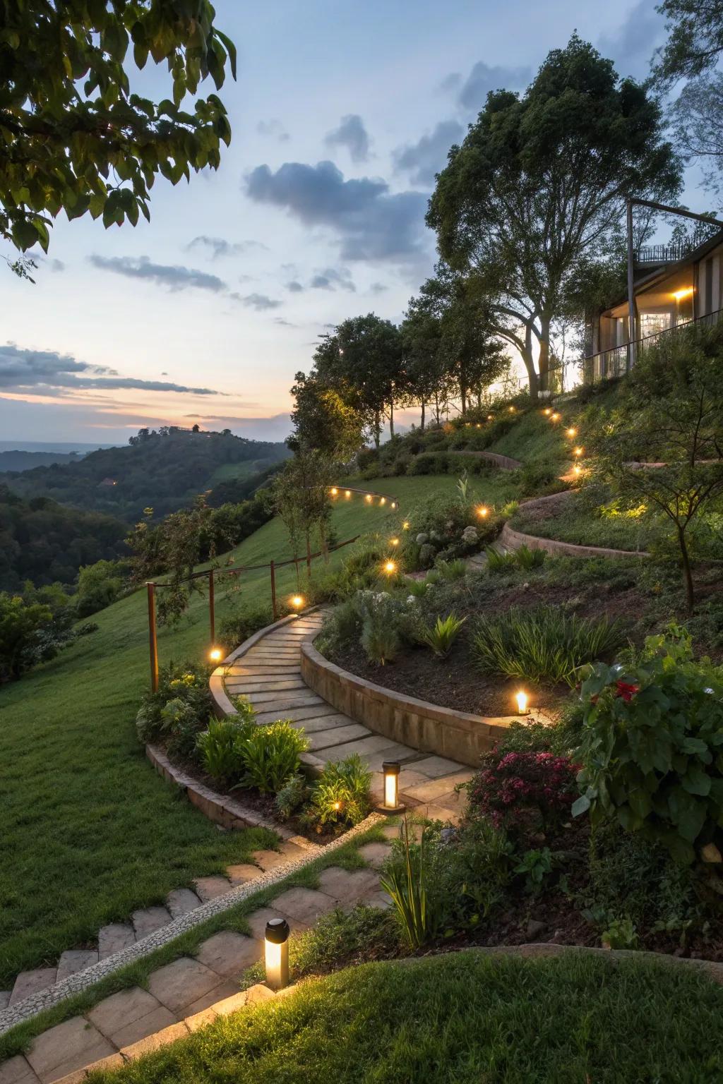Lighting accents illuminate and enhance sloped gardens.