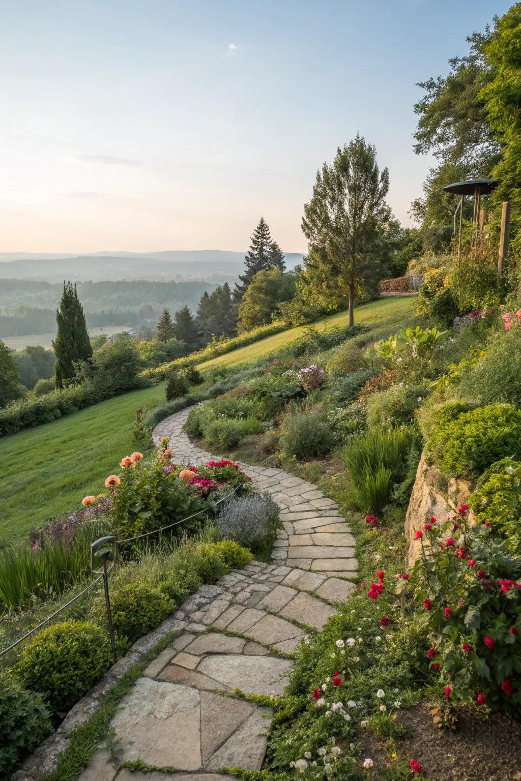 Pathways make sloped gardens accessible and inviting.
