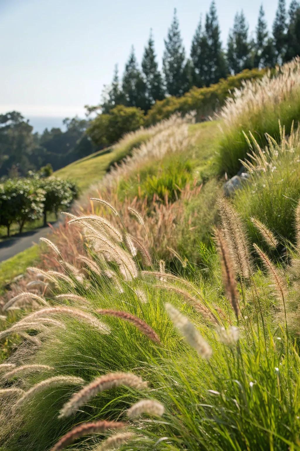 Ornamental grasses add elegance and texture to sloped areas.
