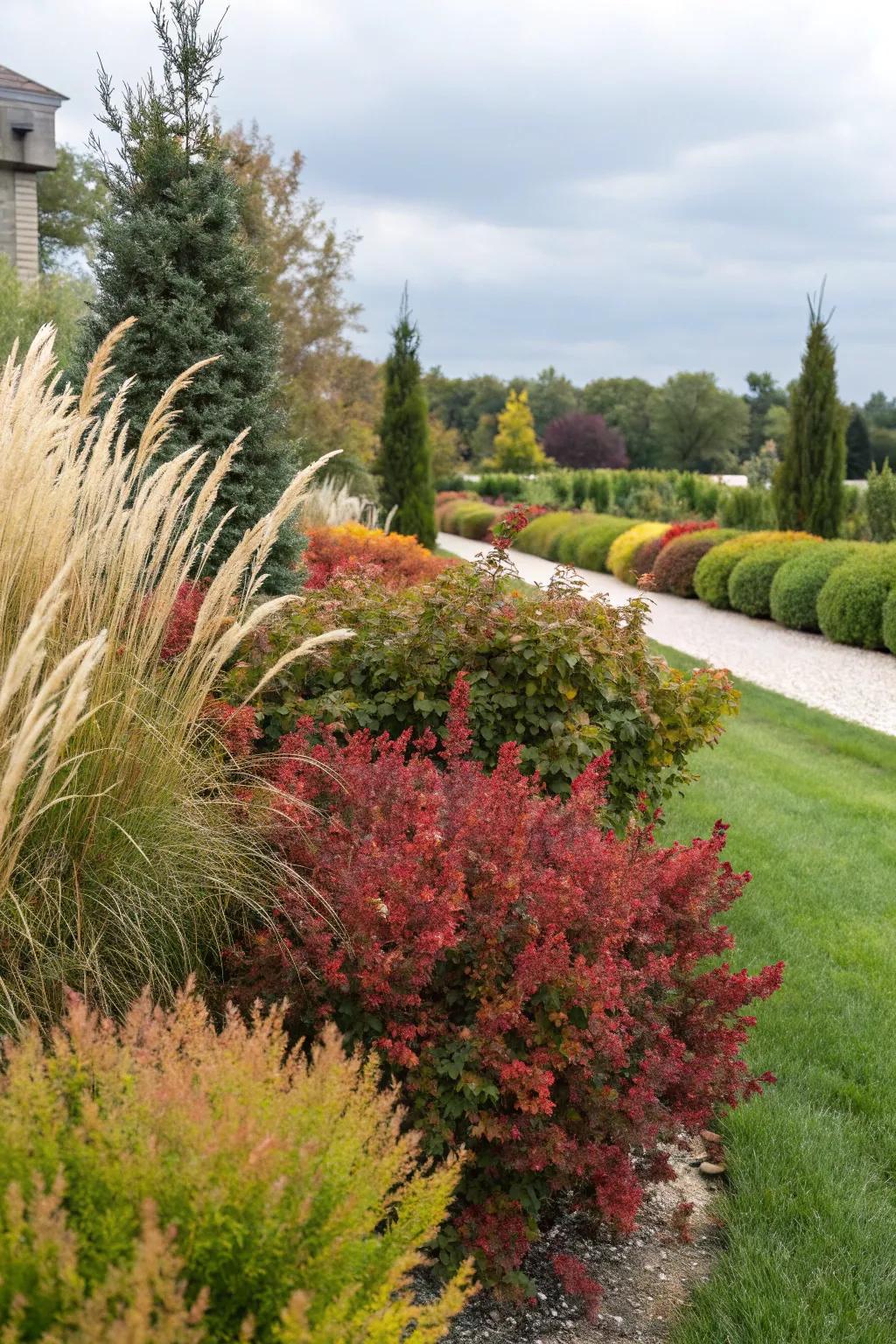 Textural garden landscape with barberry and grasses.