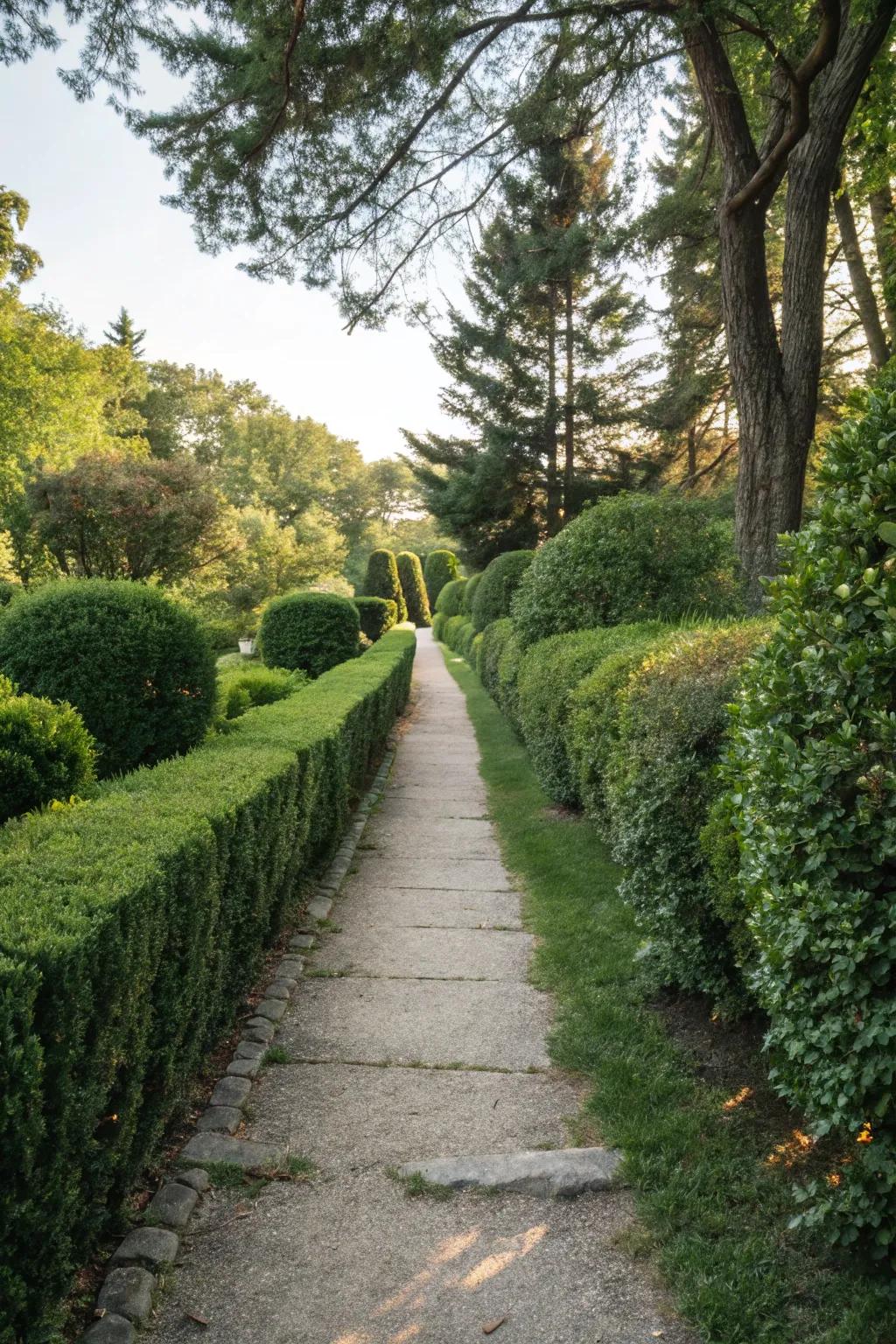 Pathway beautifully bordered with barberry bushes.