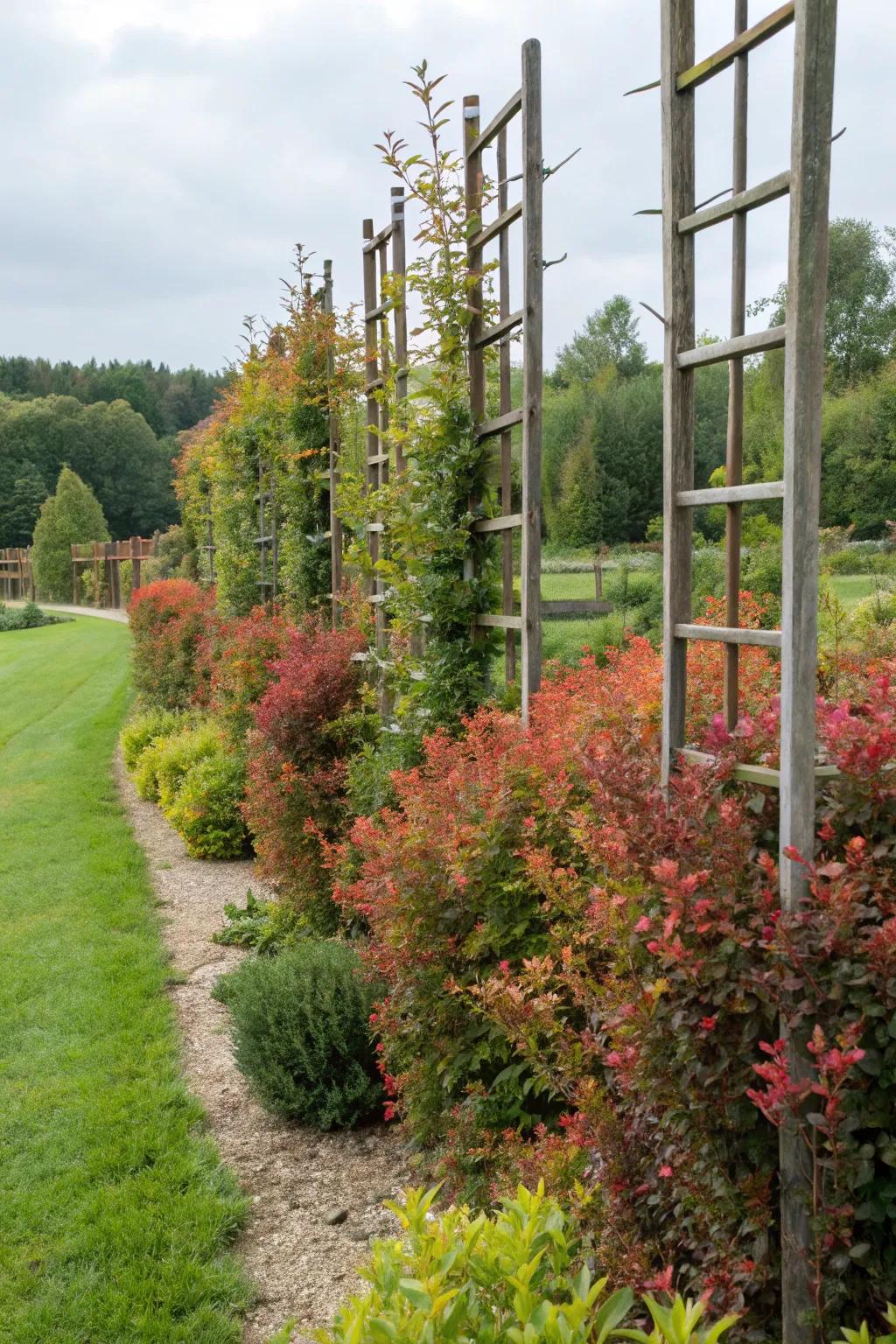 Elevated garden design with barberry and trellises.