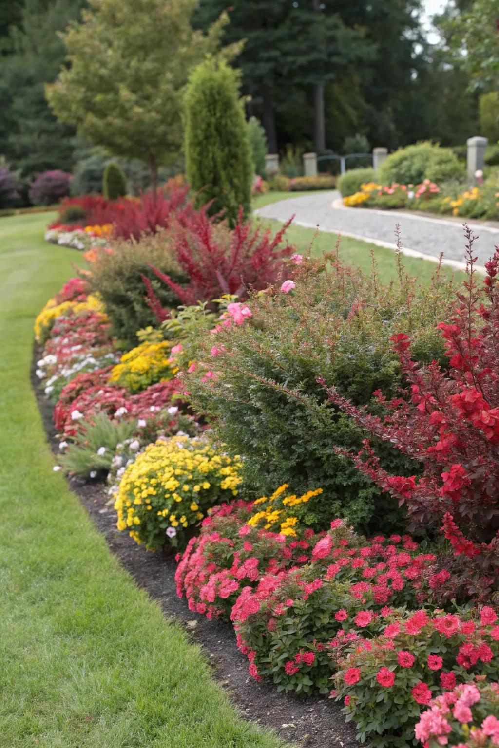 Vibrant garden display with barberry and annuals.