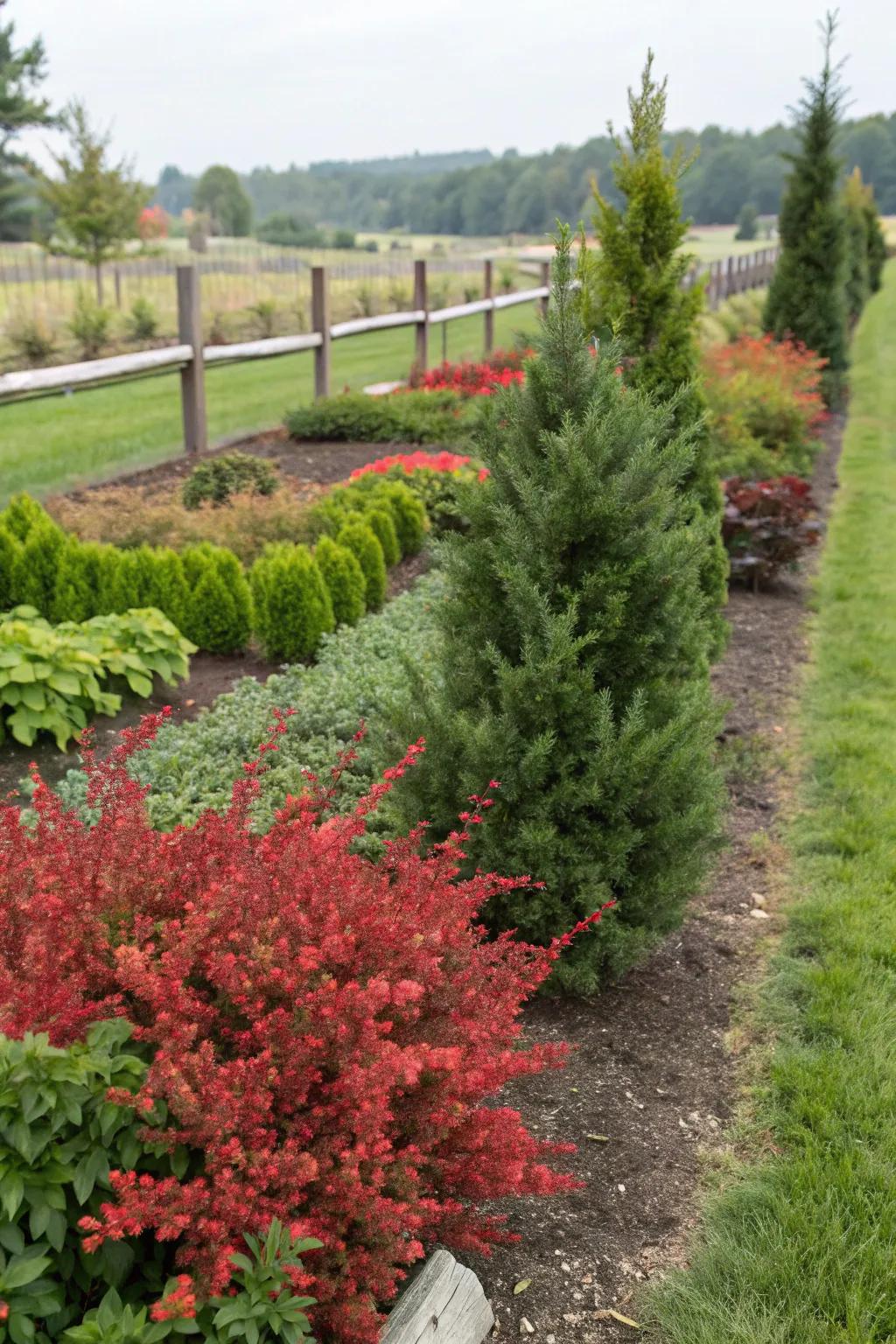 Structured garden design with barberry and evergreens.