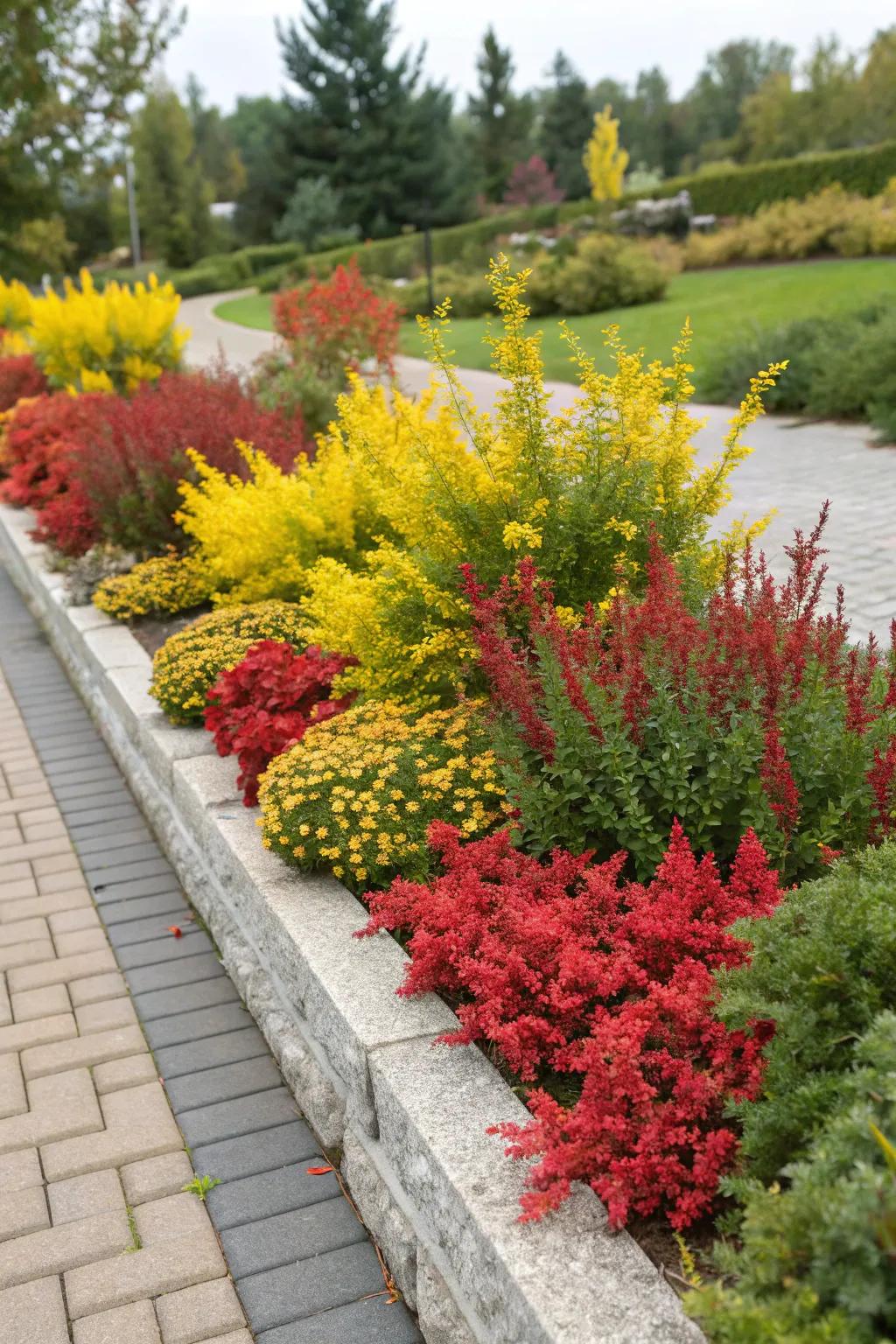 Vibrant color palette with barberry bushes and flowers.