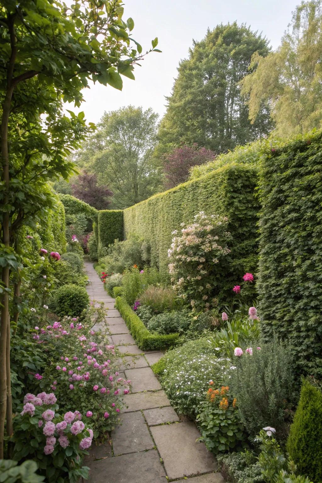 Private garden retreat with barberry privacy screens.