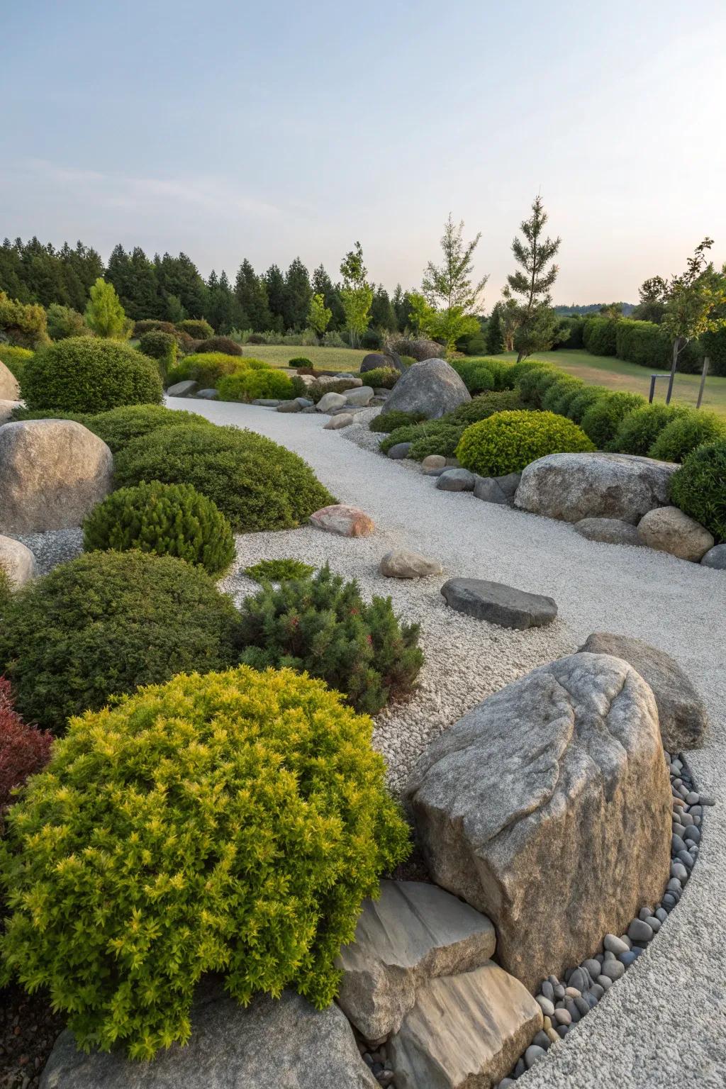 Rustic rock garden with barberry bushes.