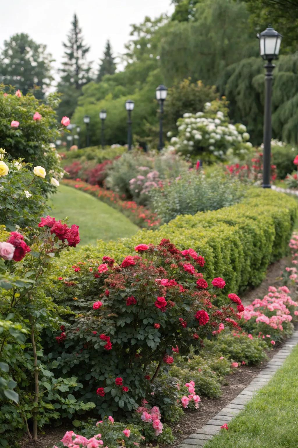 Romantic garden combination with barberry and roses.