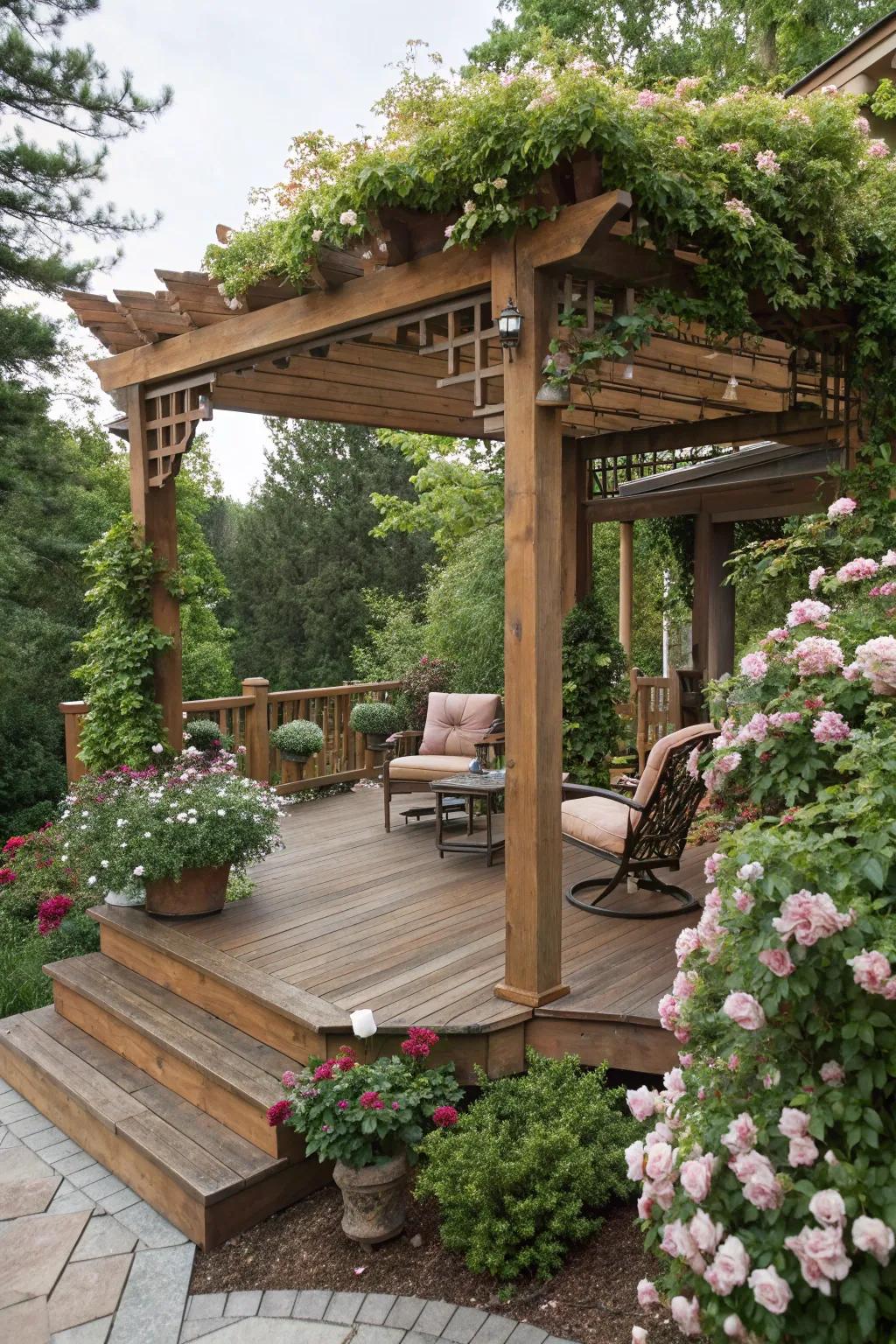 A wooden pergola on a raised deck, exuding classic elegance.