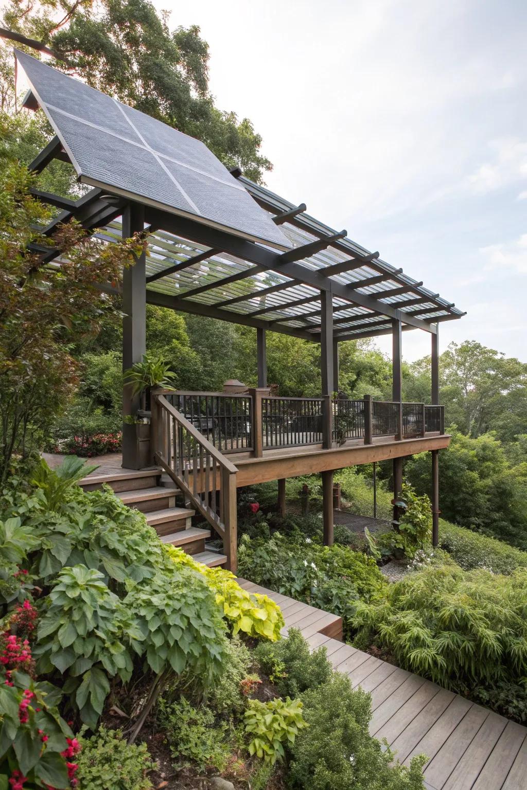 A pergola with solar panels for an eco-friendly touch.