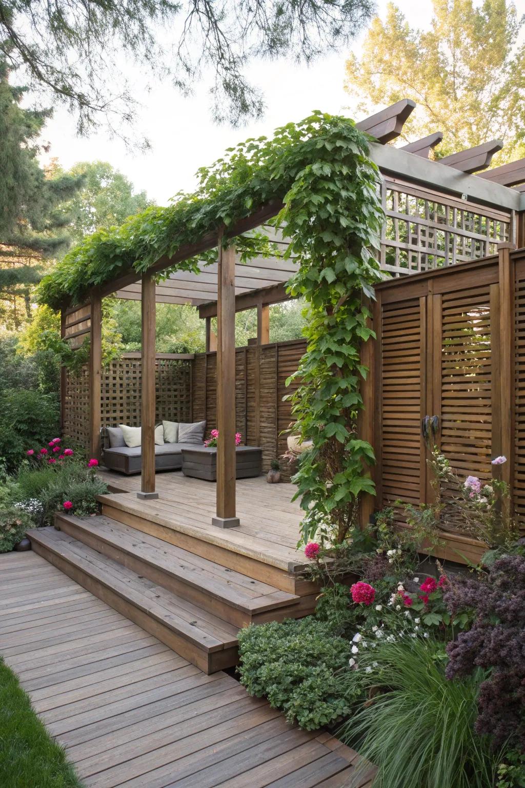 Privacy screens transform this pergola into a secluded sanctuary.
