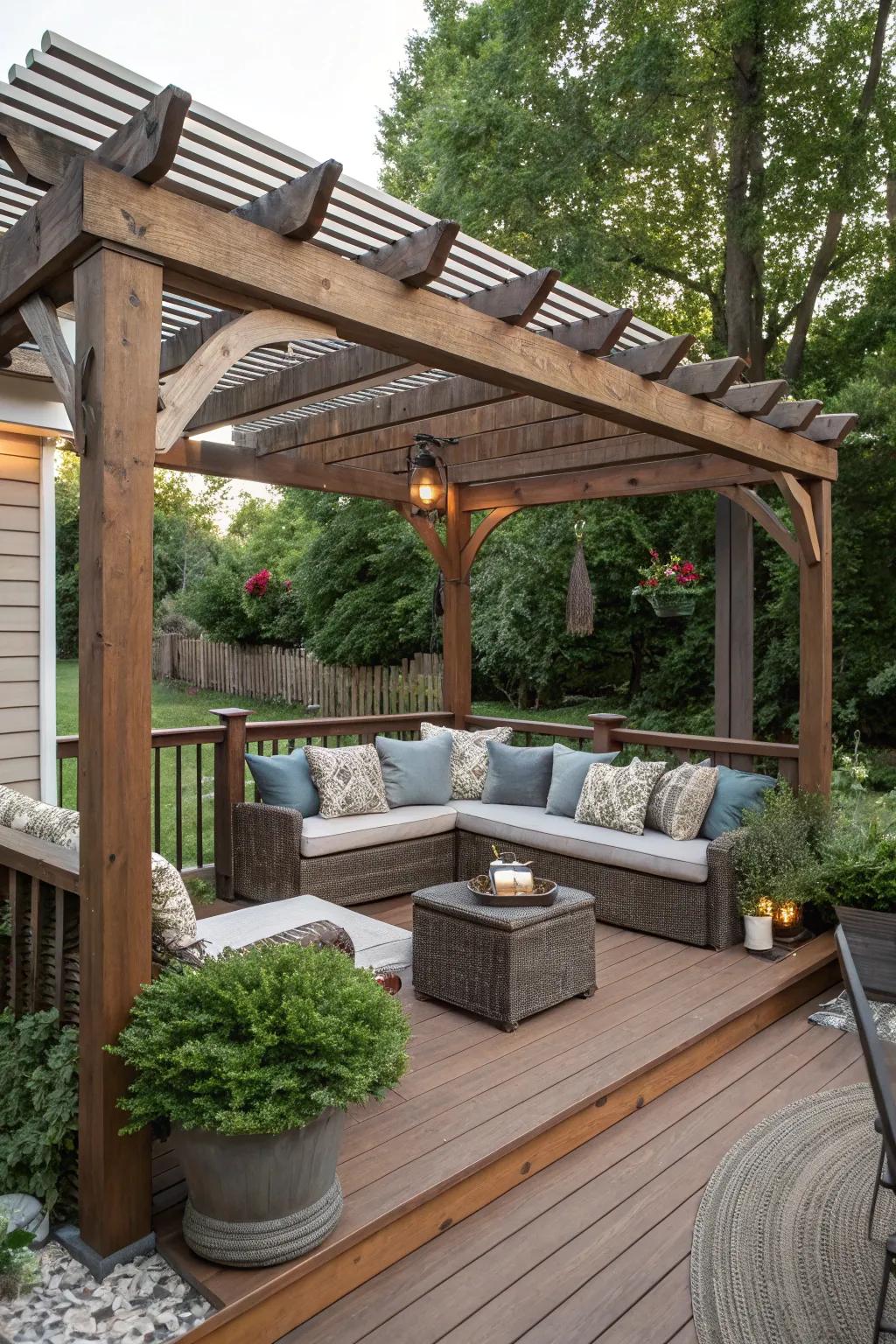 Built-in seating under a pergola for efficient space use.