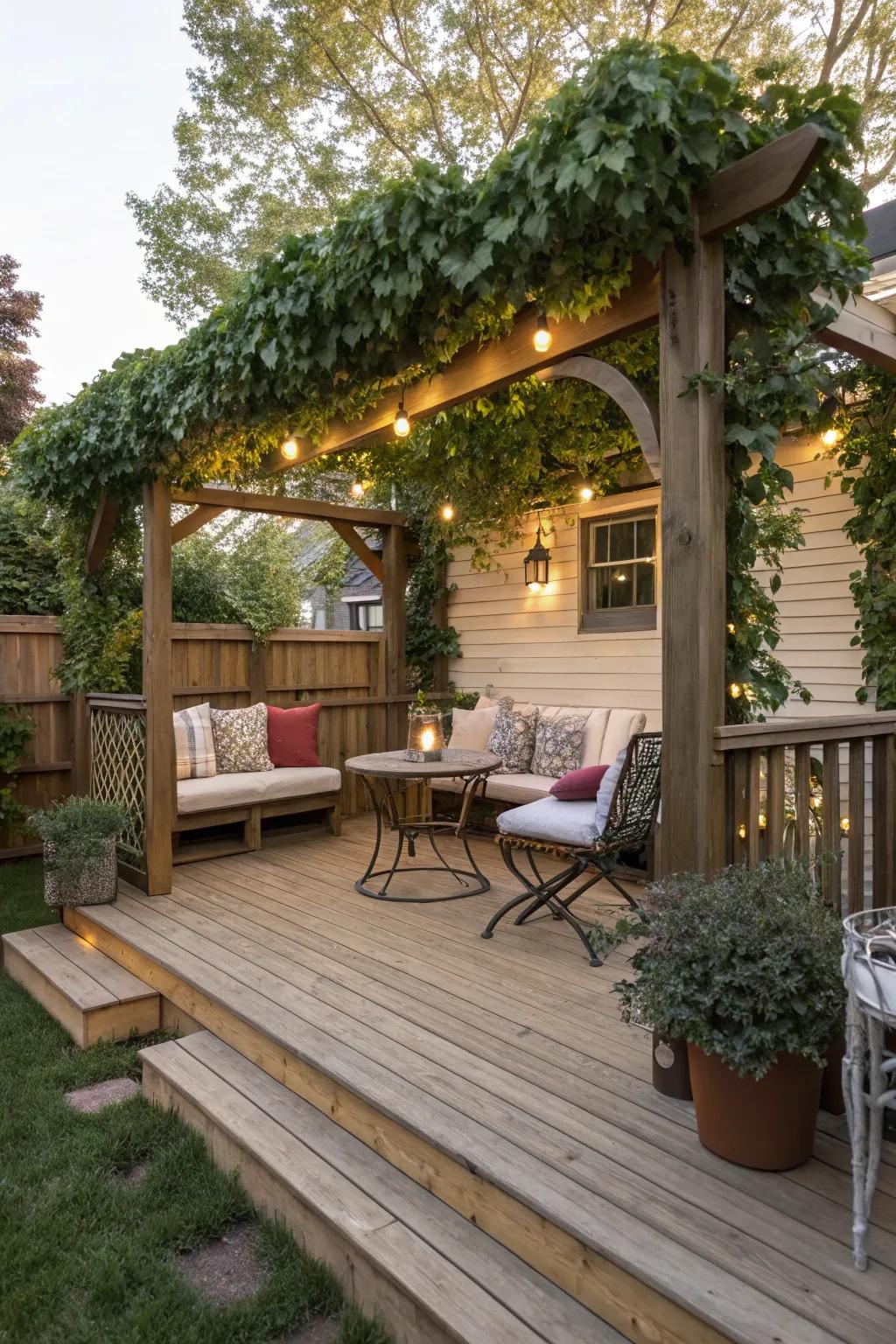 A corner pergola that creates a cozy retreat on the deck.