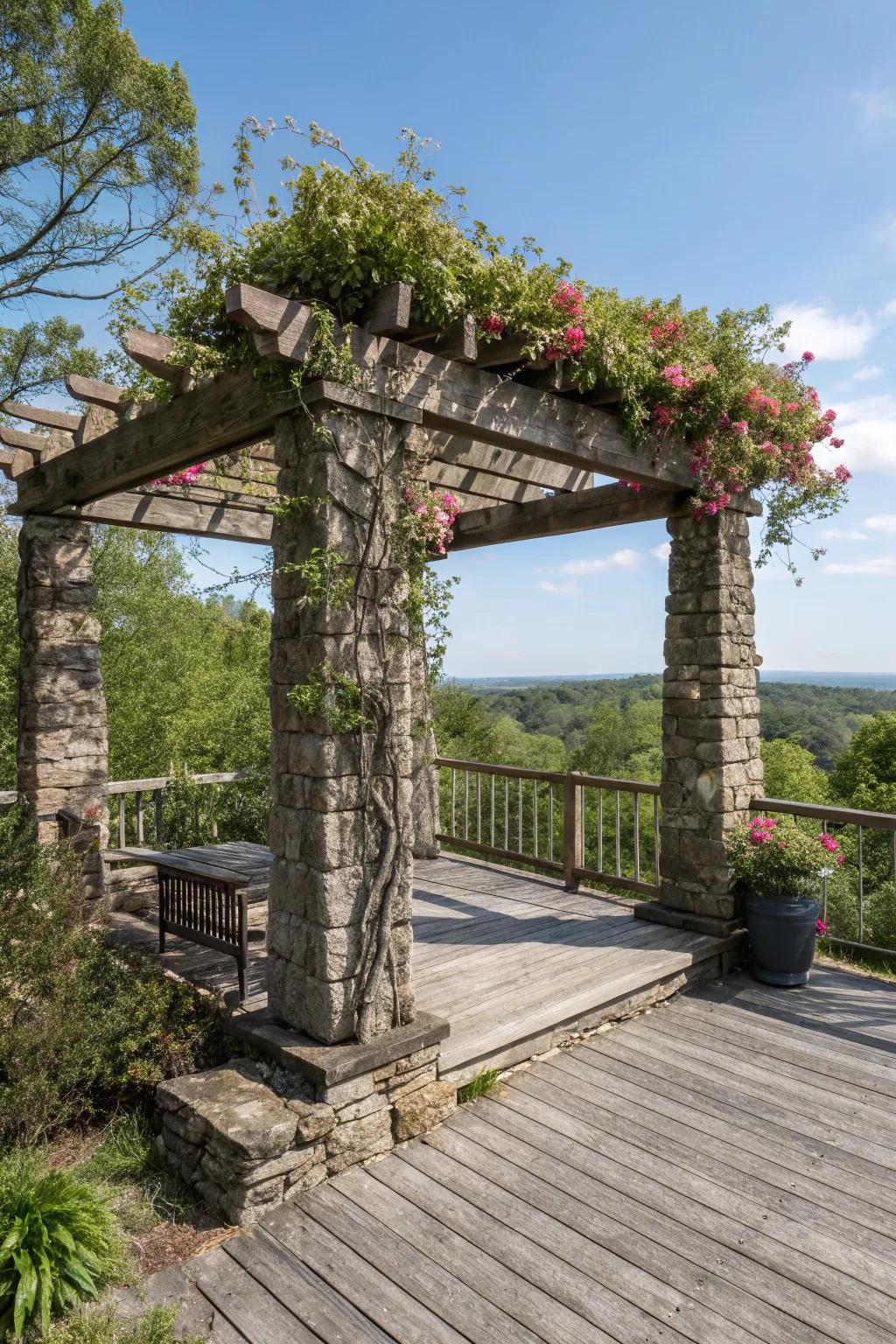 A stone pergola adds rustic charm to this deck.