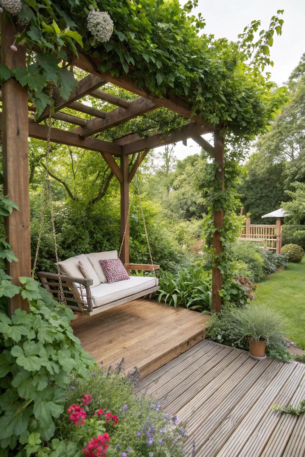 Swing seating adds a playful touch to this pergola.