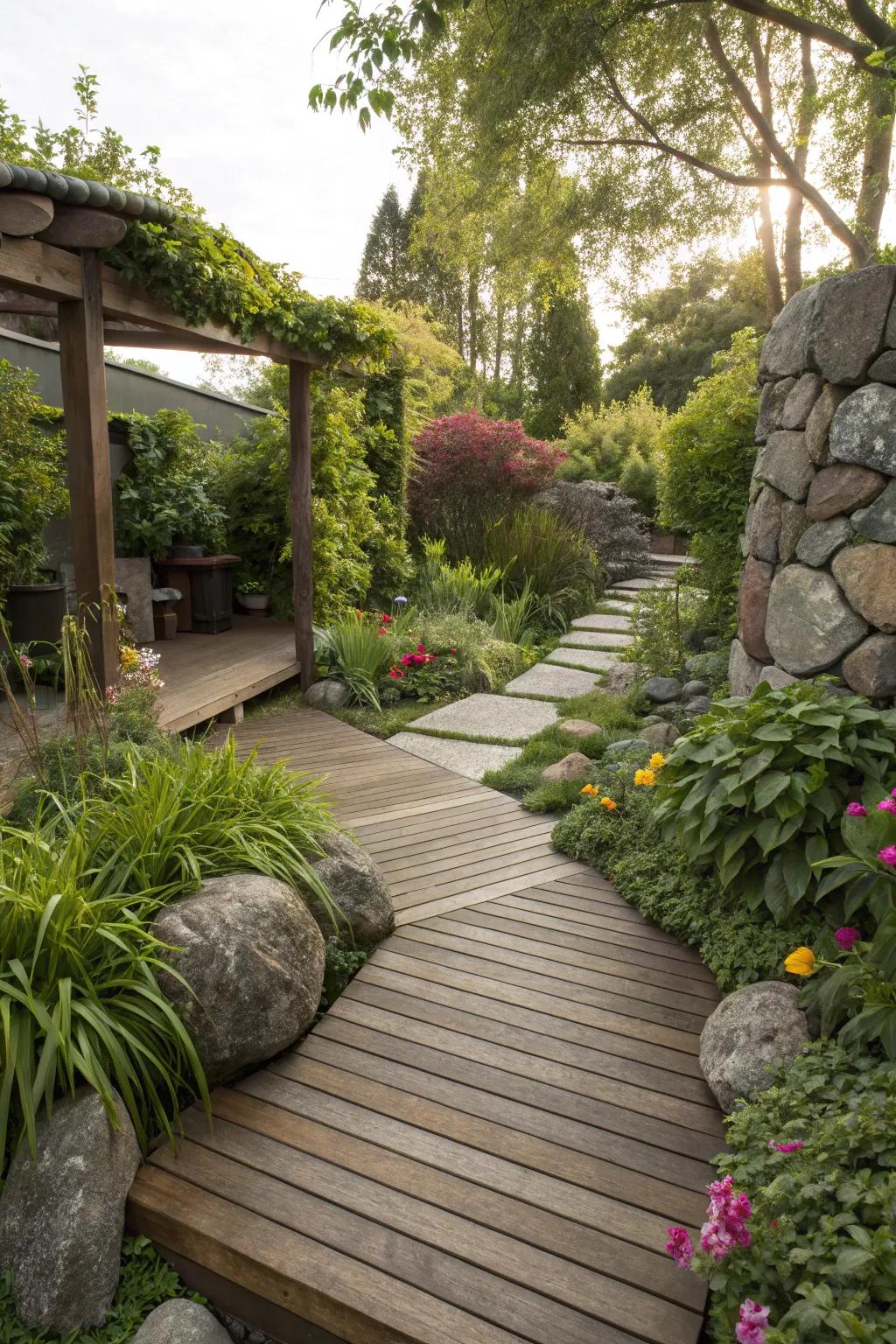 Natural materials add charm and texture to the garden.