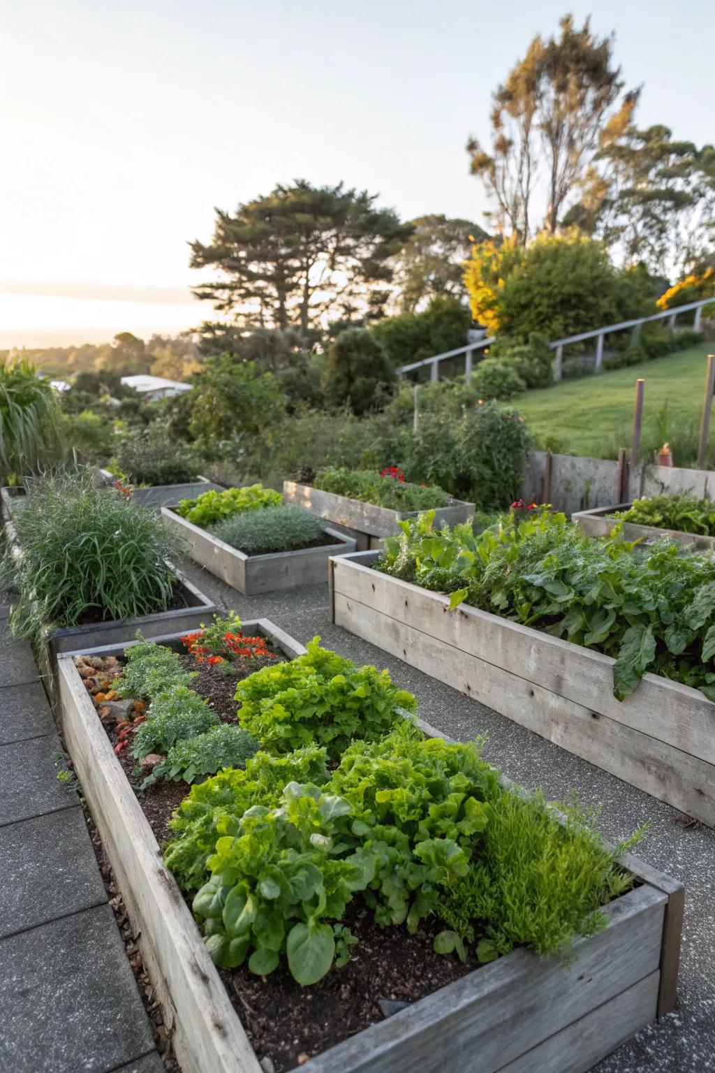 Raised beds offer organized beauty and functionality.