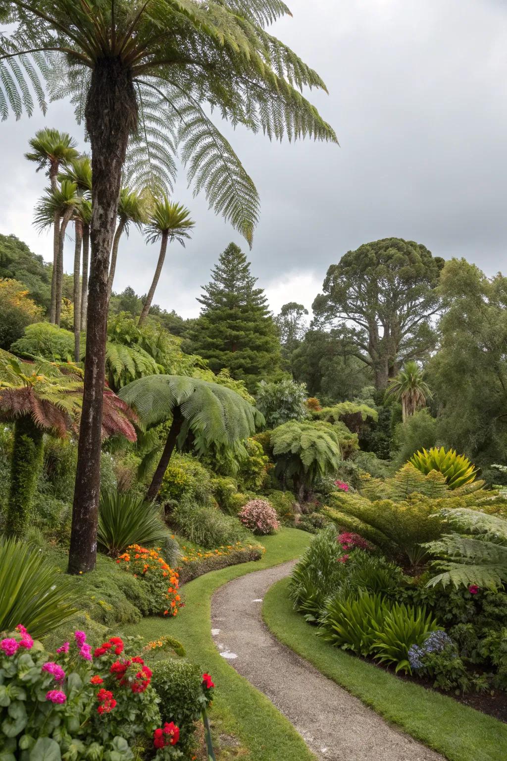 Tropical plants transform the garden into a paradise.